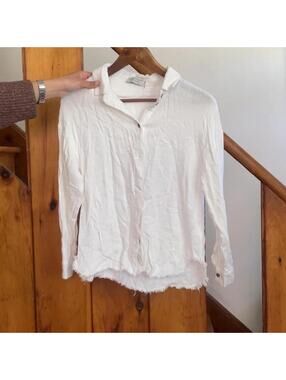 White linen blend button up shirt with frayed hem. dress form Size small